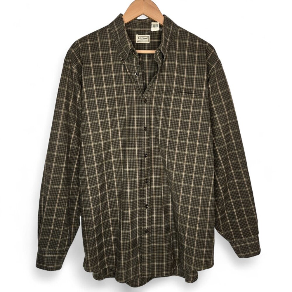 L.L. Bean Brown Box Check Plaid Flannel Shirt Men's Weighty Button Down L Tall